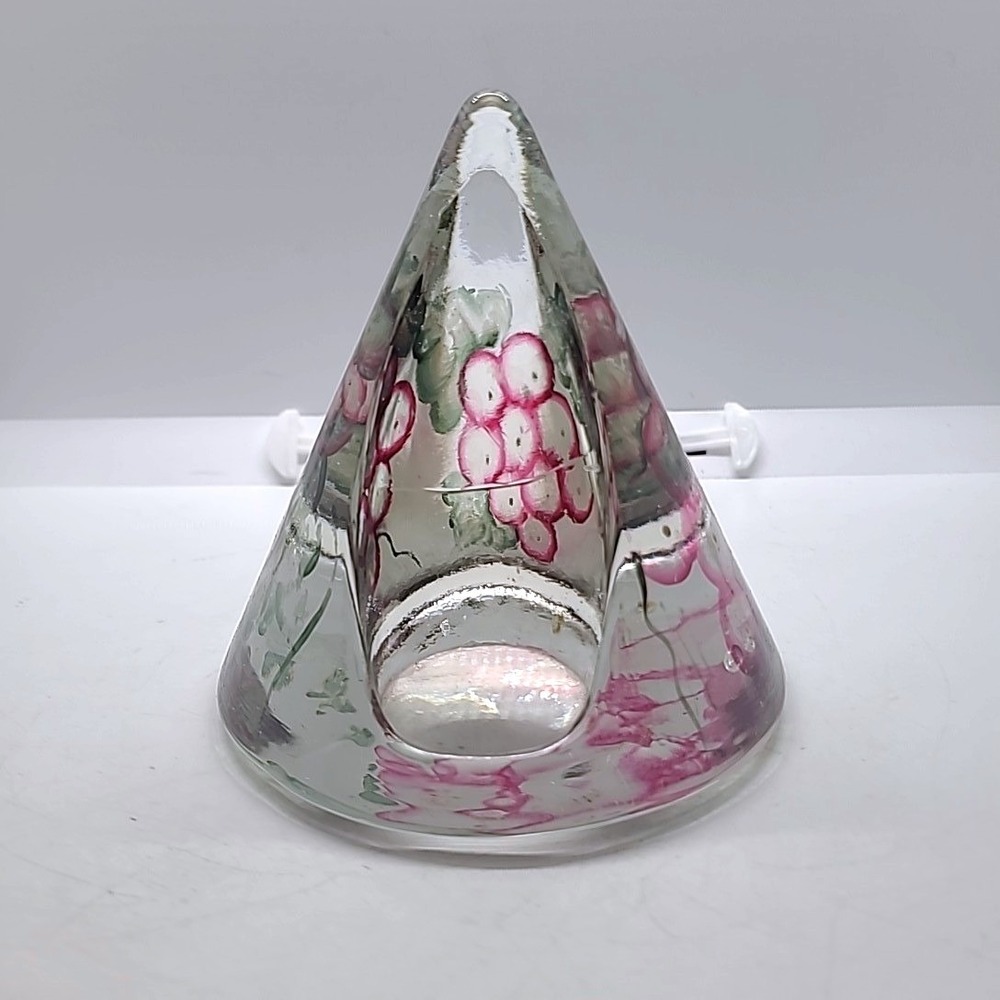 Vintage Paperweight Mark Paul Hand Painted Grape Glass Cone Purple Green Fordice